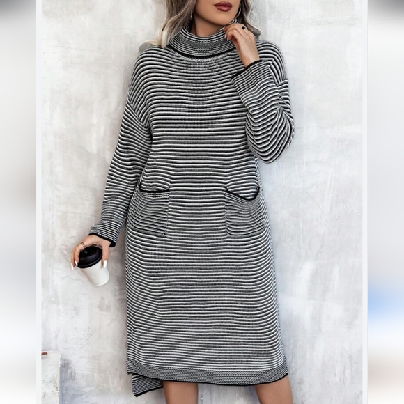 Shein Relaxiva Black and White Striped Turtleneck Sweater Dress Size Large - Picture 1 of 7
